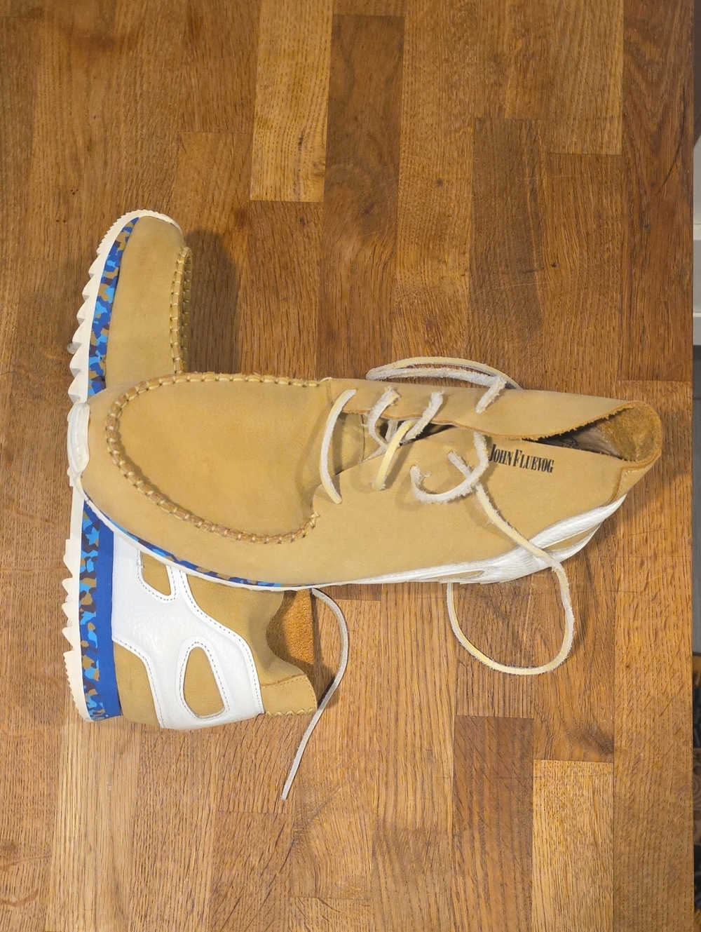 John Fluevog Tan, White and Blue Men’s Lace-Up Sneakers